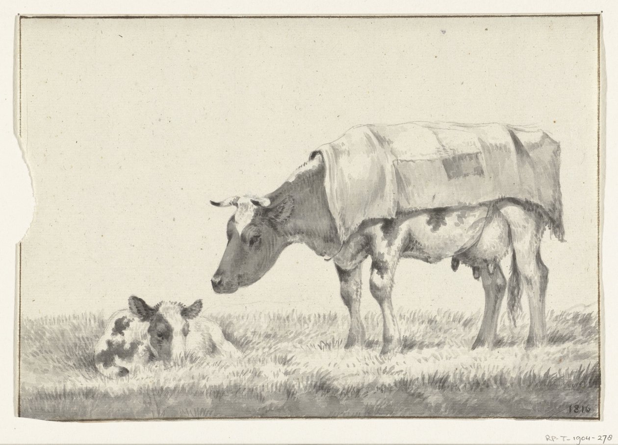 Mucca in piedi, verso sinistra, con vitellino sdraiato da Jean Bernard