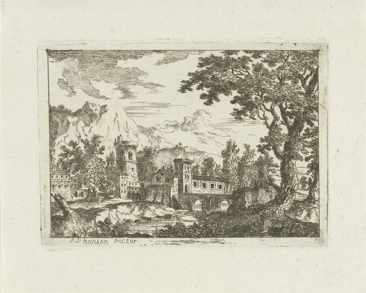 Edifici in pietra su un fiume da Jean Joseph Hanson