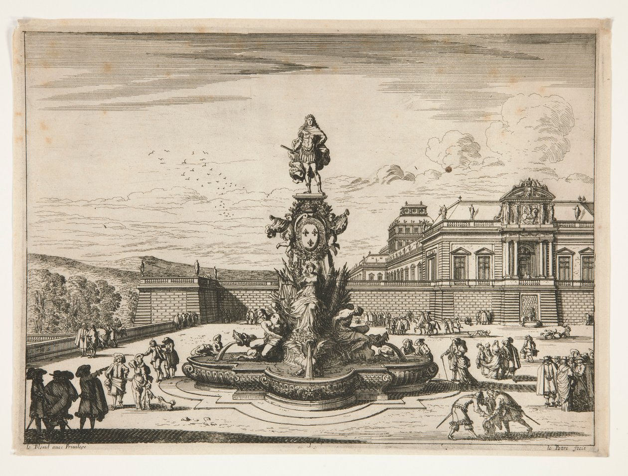 Fontana, con palazzo sullo sfondo a destra da Jean le Pautre