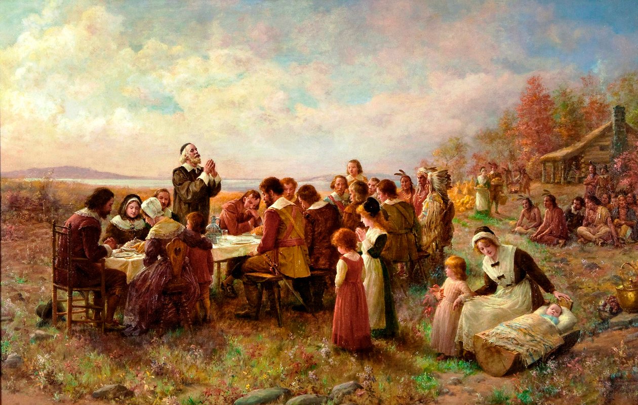 Il primo Ringraziamento a Plymouth, 1914 da Jennie Augusta Brownscombe