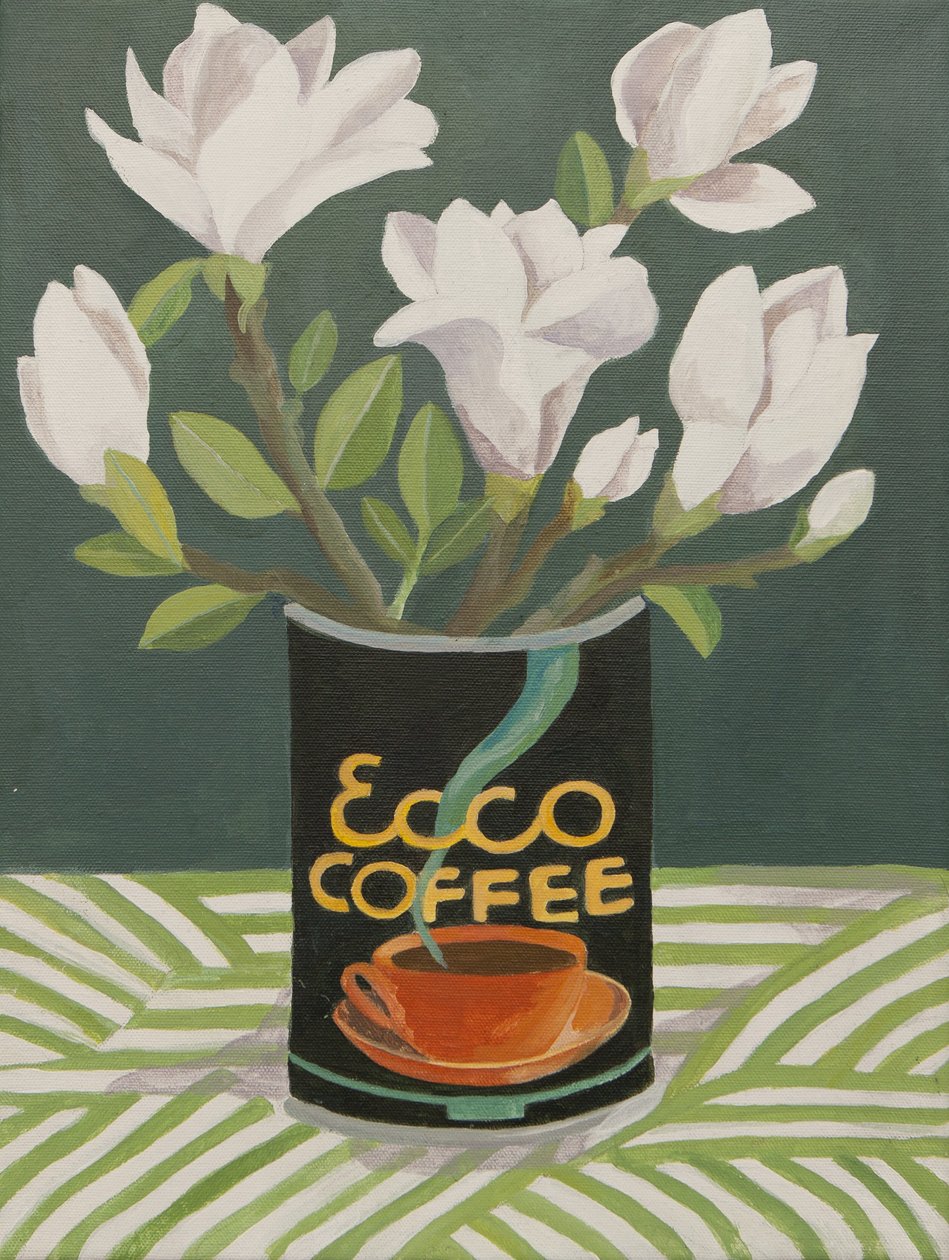 Magnolia bianca in un vecchio barattolo di caffè (acrilico) da Jennifer Abbott