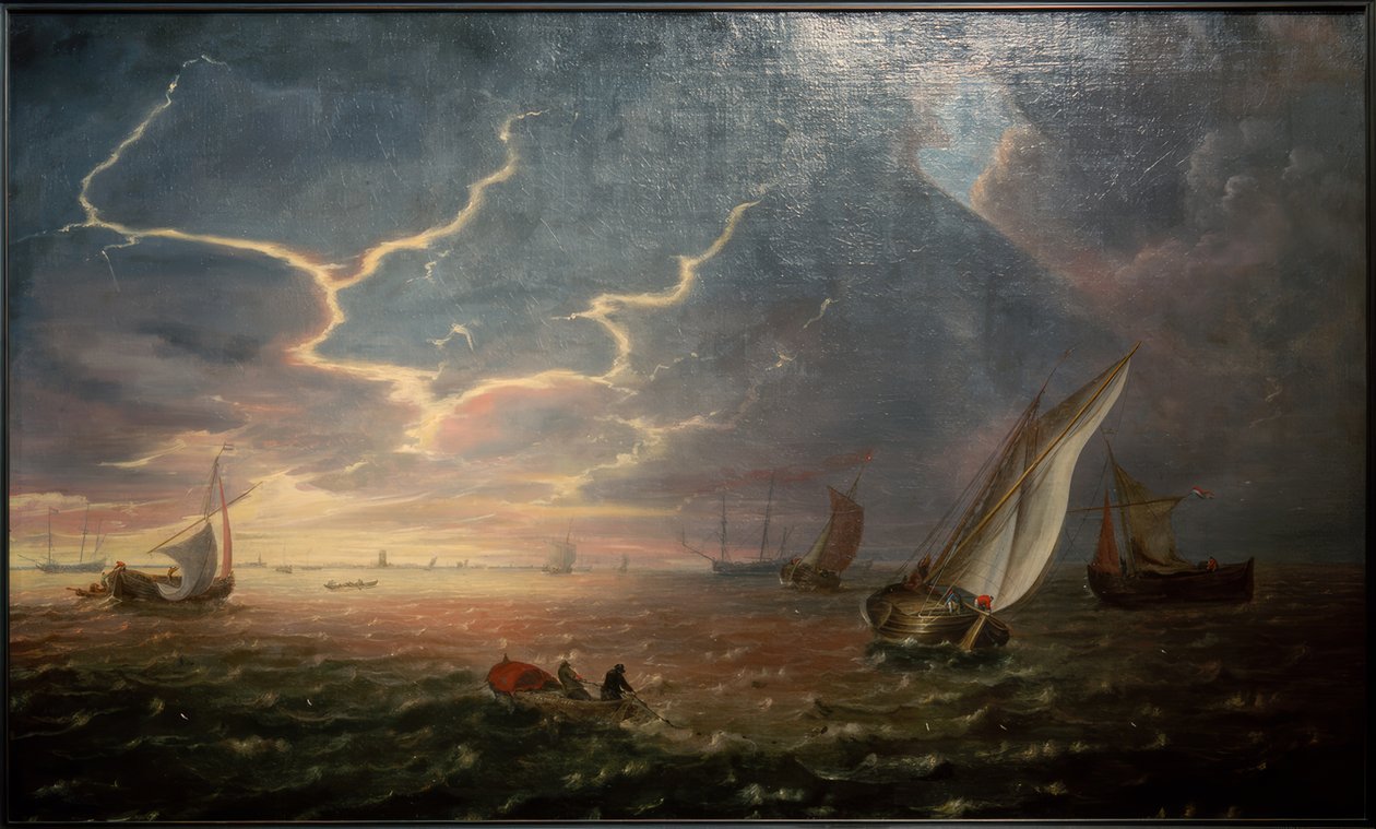 Barche a vela in mare mosso al tramonto da Jeronimus van Diest