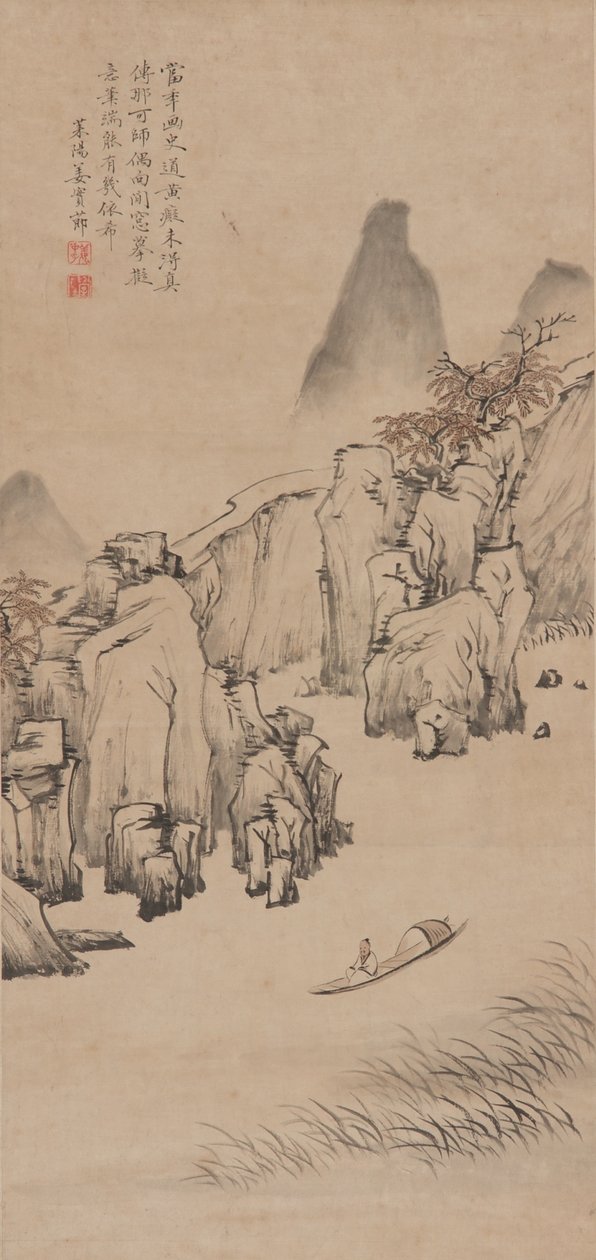 Paesaggio fluviale con uomo in barca, dinastia Qing, fine XVII-inizio XVIII secolo da Jiang Shijie