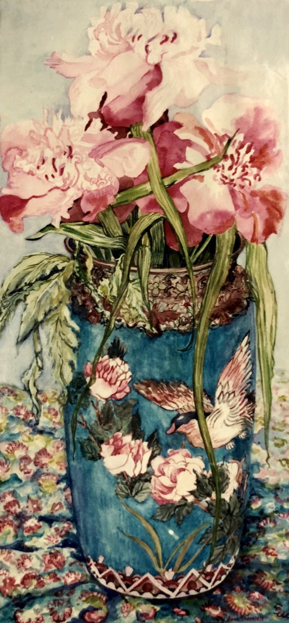 Peonie in un vaso di cloisonné da Joan Thewsey