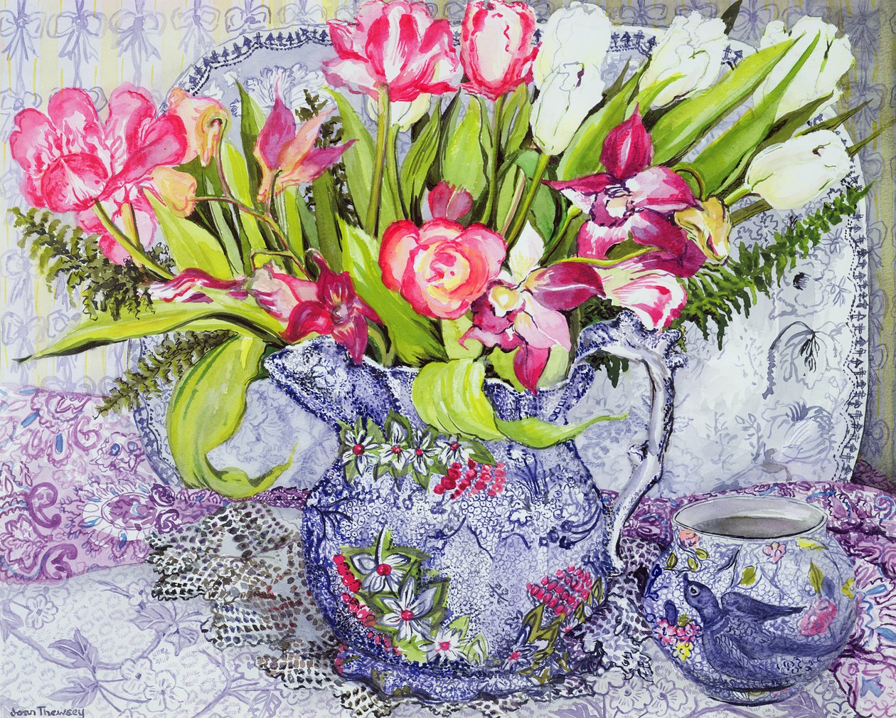 Tulipani rosa e bianchi, orchidee e porcellana blu antica da Joan Thewsey