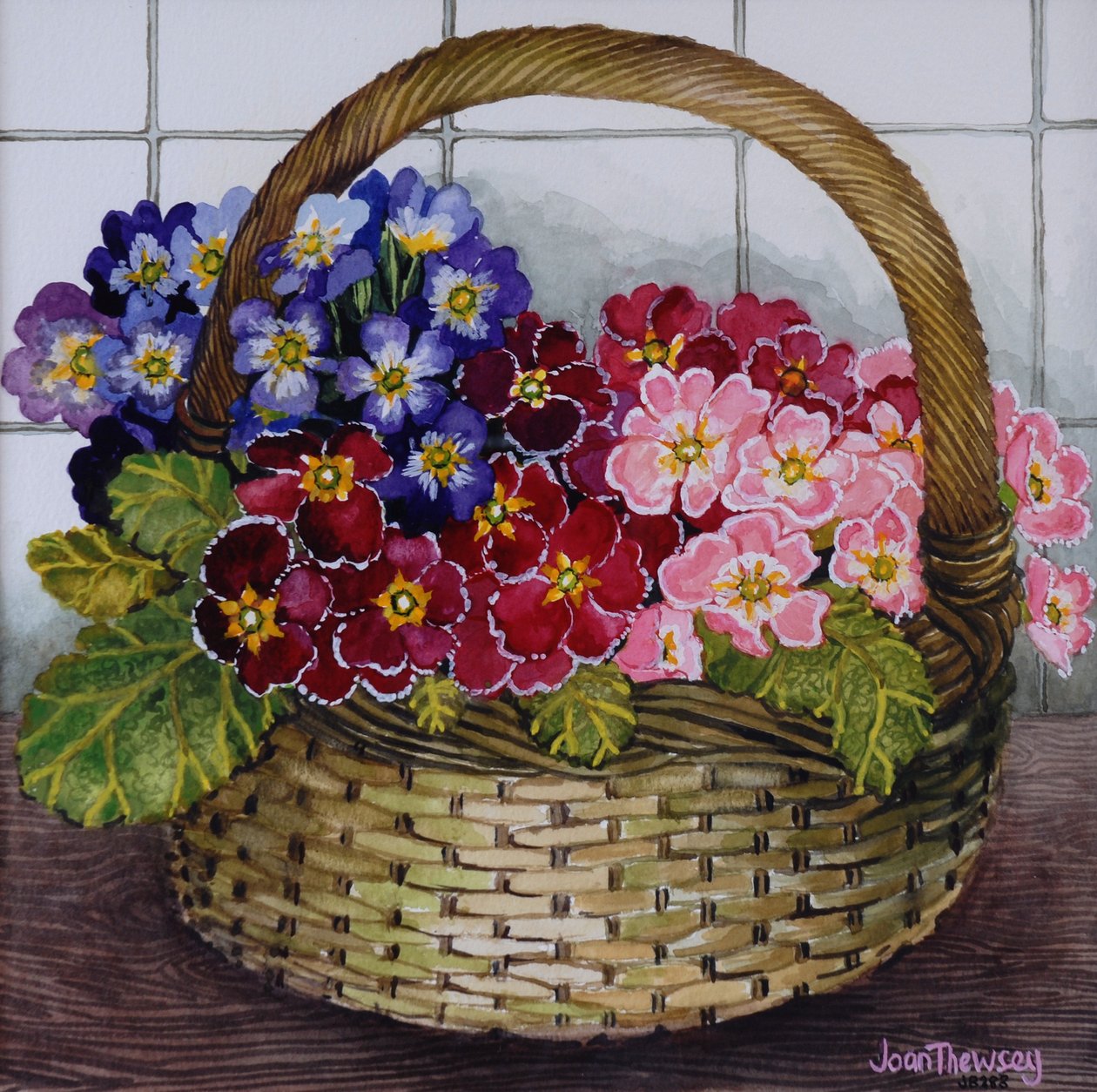 Primule Rosse, Malva e Rosa in un Cestino, 2012 da Joan Thewsey