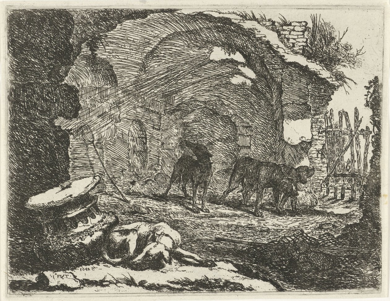 Quattro cani presso una rovina da Joannes Fijt