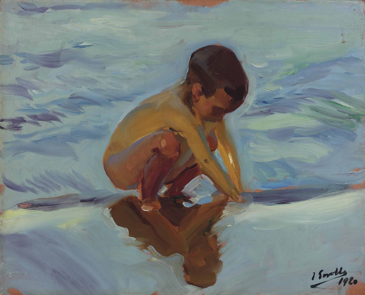 Controluce sulla spiaggia, bambino accovacciato da Joaquín Sorolla