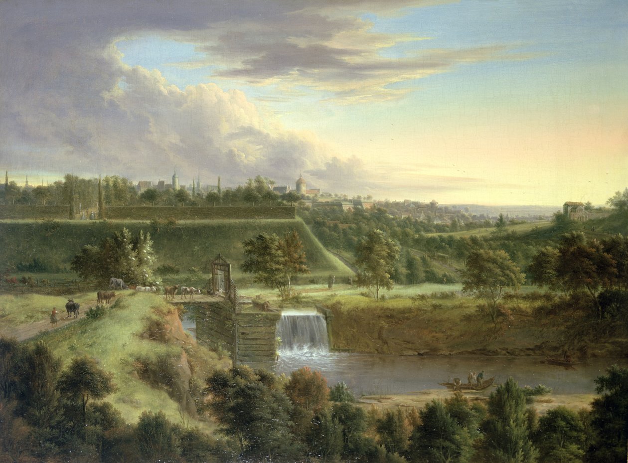 Paesaggio fluviale vicino a una città murata, probabilmente Sachausen da Johann Christian Vollerdt or Vollaert