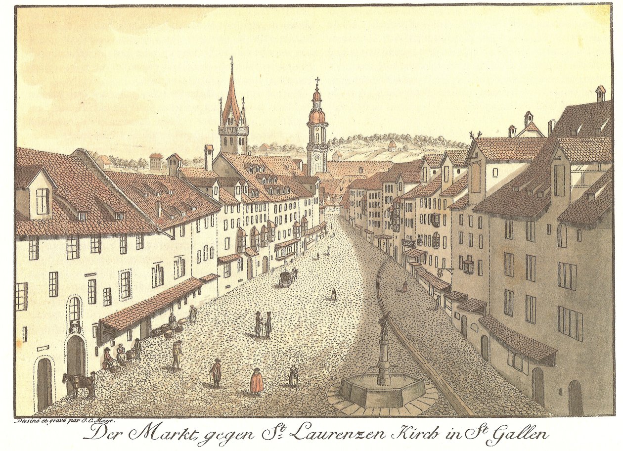 Der Markt gegen St. Laurenzen Kirch in St. Gallen da Johann Conrad Mayr