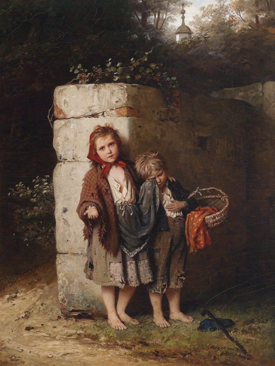 Bambini mendicanti, firmato, datato, designato Meyer von Bremen da Johann Georg Meyer