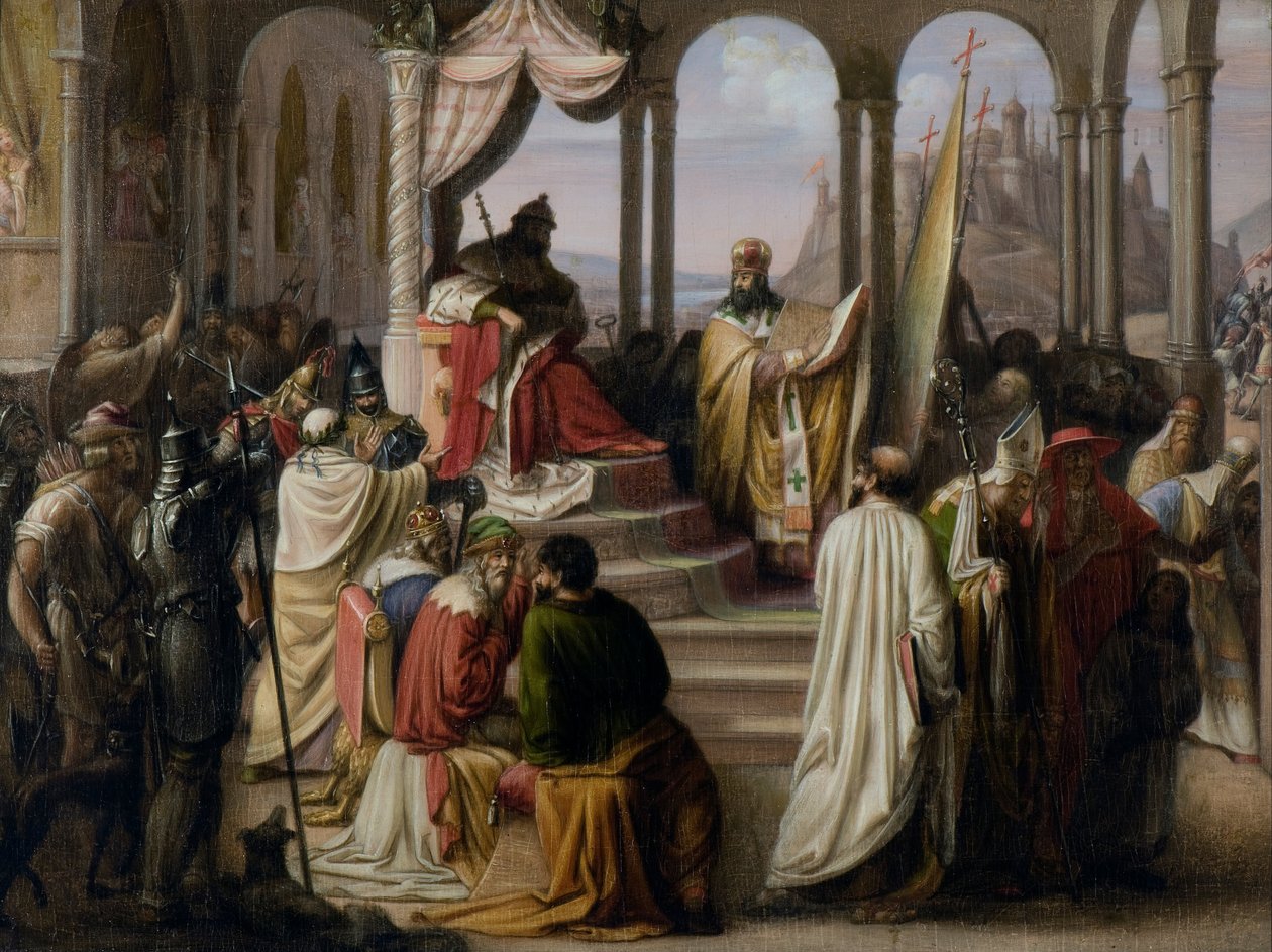 Il principe Vladimir sceglie una religione nel 988 (Una disputa religiosa alla corte russa) da Johann Leberecht Eggink