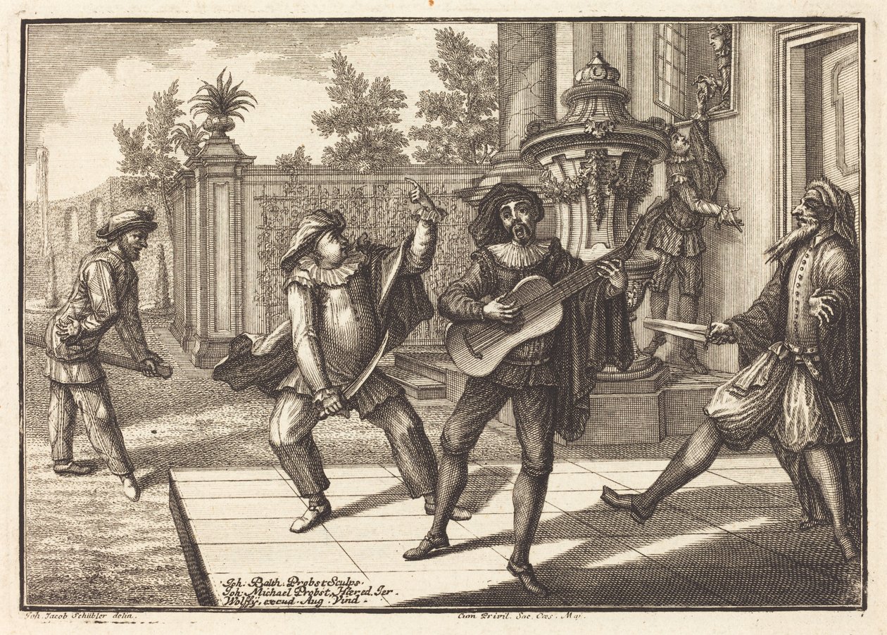 Scaramouche distrae Pantalone da Johann Balthasar Probst after Johann Jacob Schübler