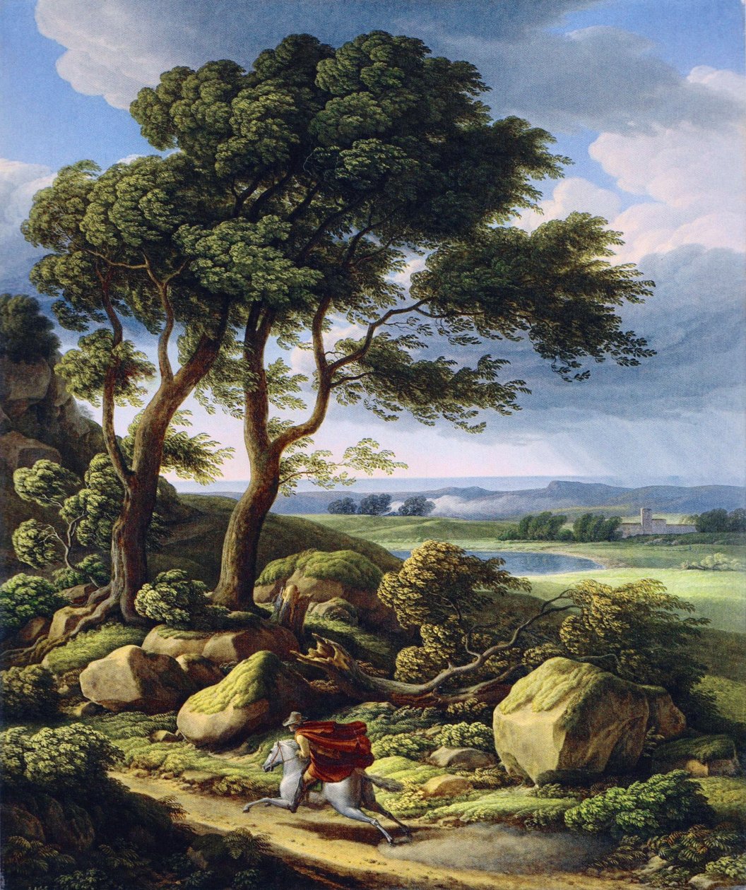 Tedesco: Paesaggio tempestoso con cavaliere. da Johann Christian Reinhart
