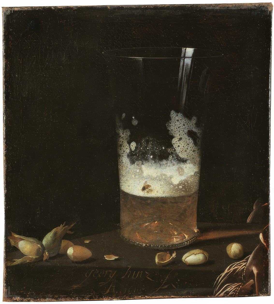 Natura morta con bicchiere di birra e noci da Johann Georg Hainz