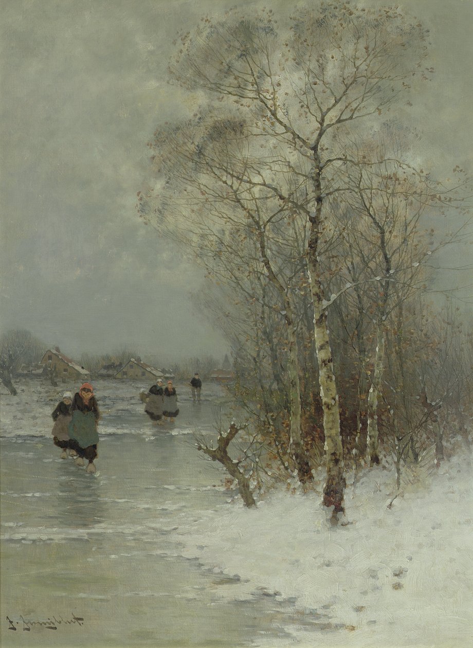 Ragazze che camminano su un fiume ghiacciato da Johann II Jungblut