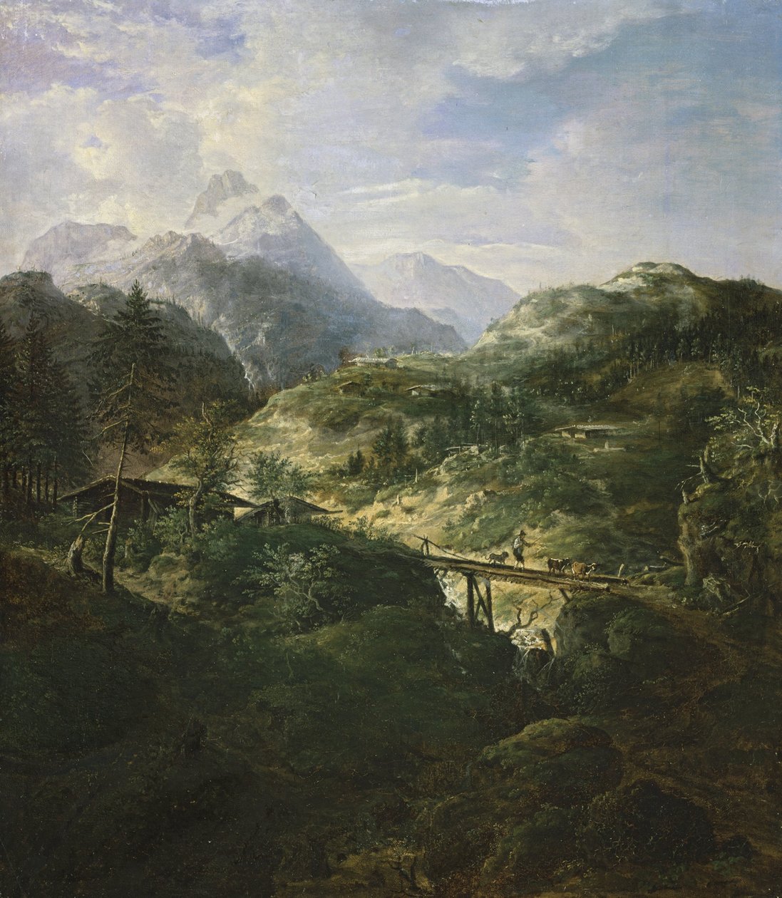 Paesaggio montano con ponte da Johann Jakob Dorner der Jüngere