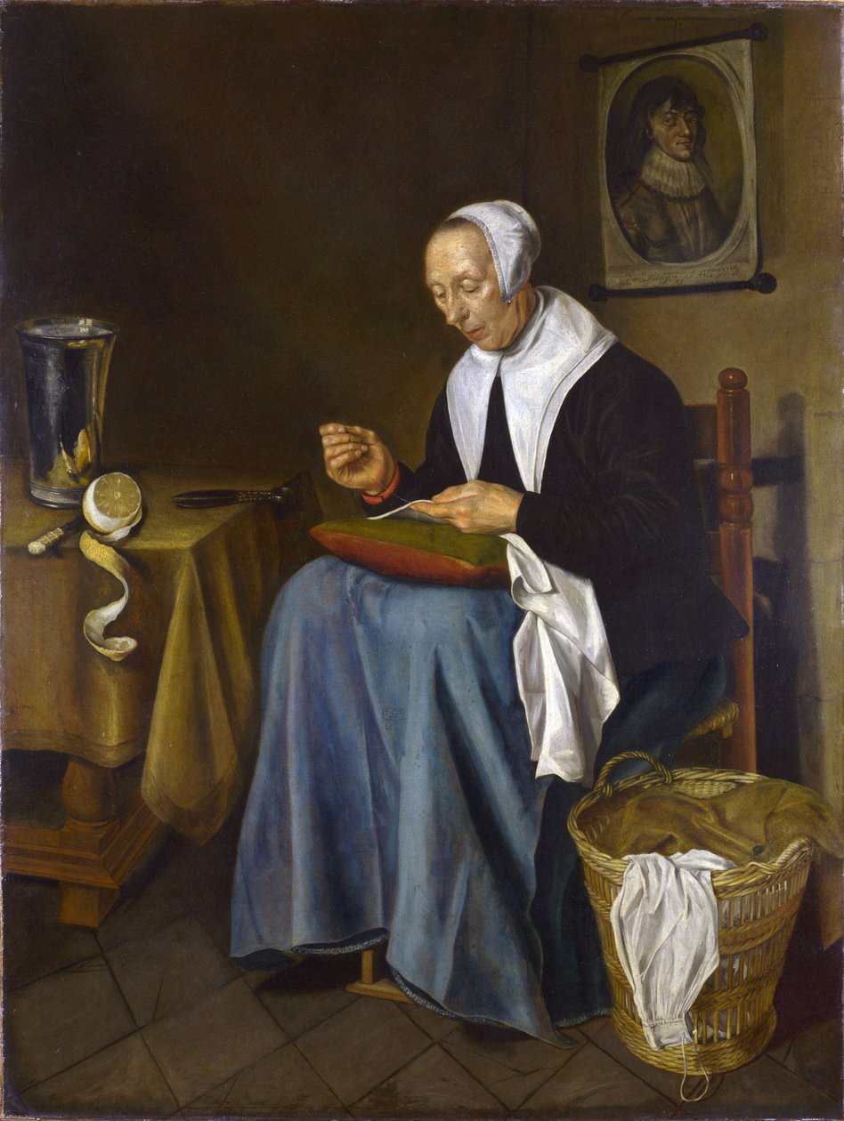 Una vecchia donna seduta a cucire da Johannes van der Aeck