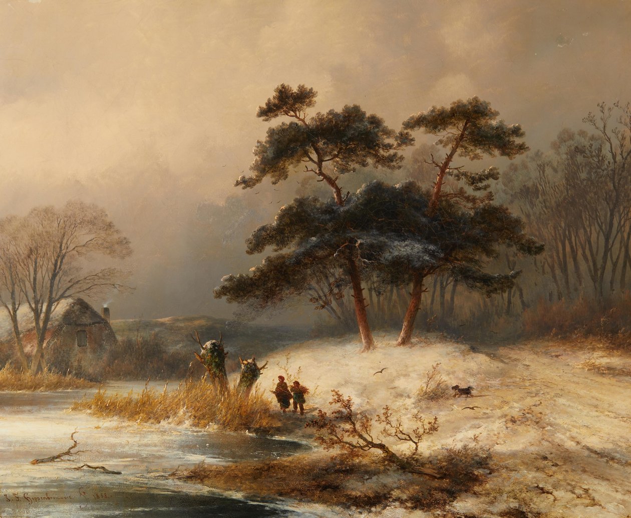 Il raccoglitore di sterpaglie di Johannes Franciscus Hoppenbrouwer nella foresta invernale da Johannes Franciscus Hoppenbrouwers