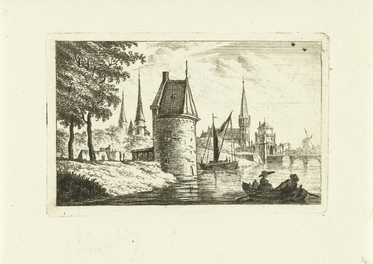 Veduta della città con torre sul fiume da Johannes van Cuylenburgh