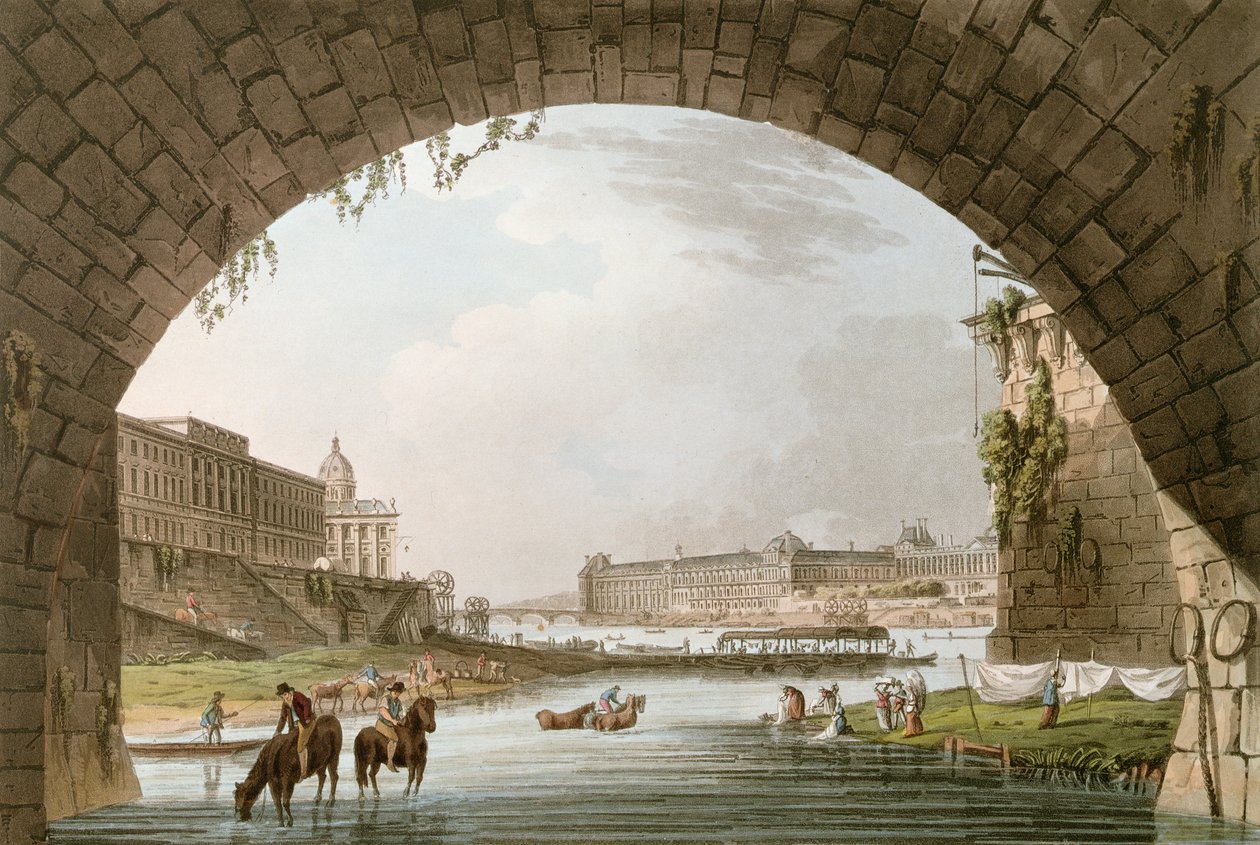 Panorama del fiume Senna visto da sotto il Pont Neuf verso ovest verso il Louvre, La Monnaie e il Collège des Quatre Nations, illustrazione per 