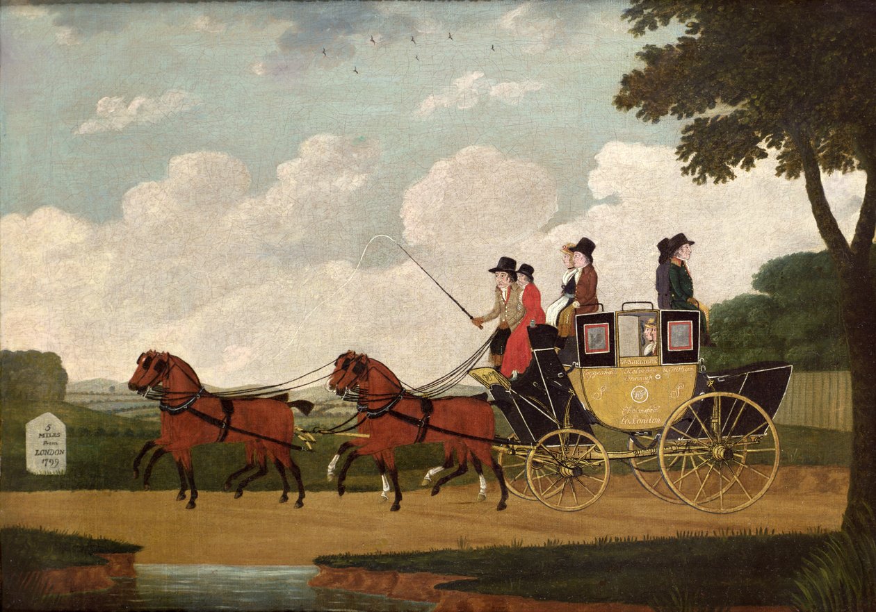 La carrozza della posta reale, Chelmsford a Londra, 1799 da John Cordrey