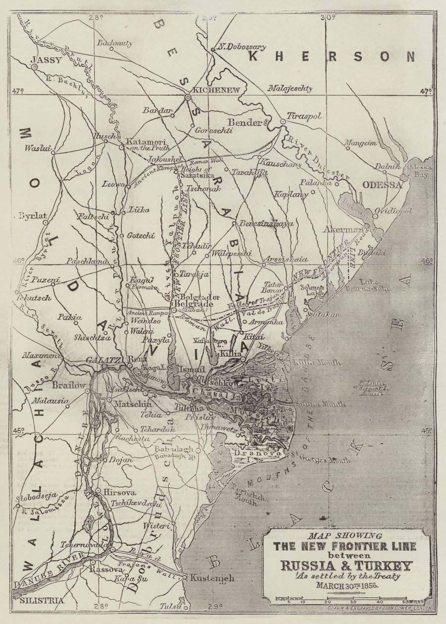 Mappa che mostra la nuova linea di confine tra Russia e Turchia come stabilito dal Trattato, 30 marzo 1856 da John Dower