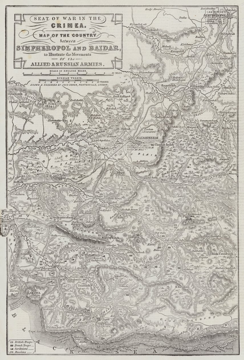 Teatro di guerra in Crimea, mappa del paese tra Simpheropol e Baidar per illustrare i movimenti degli eserciti alleati e russi da John Dower