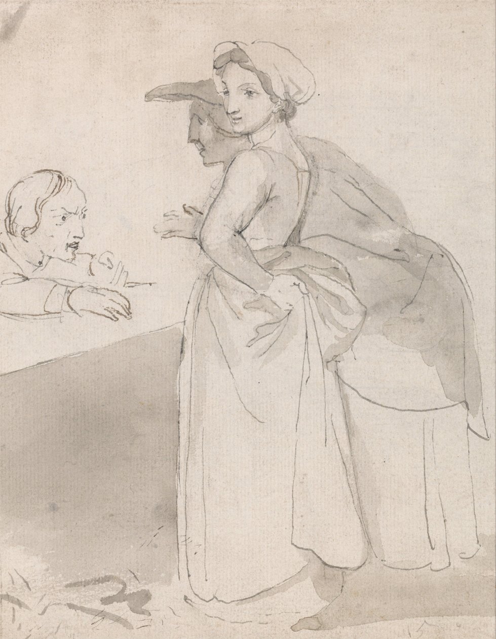 Due donne che parlano con un uomo al bancone da John Flaxman