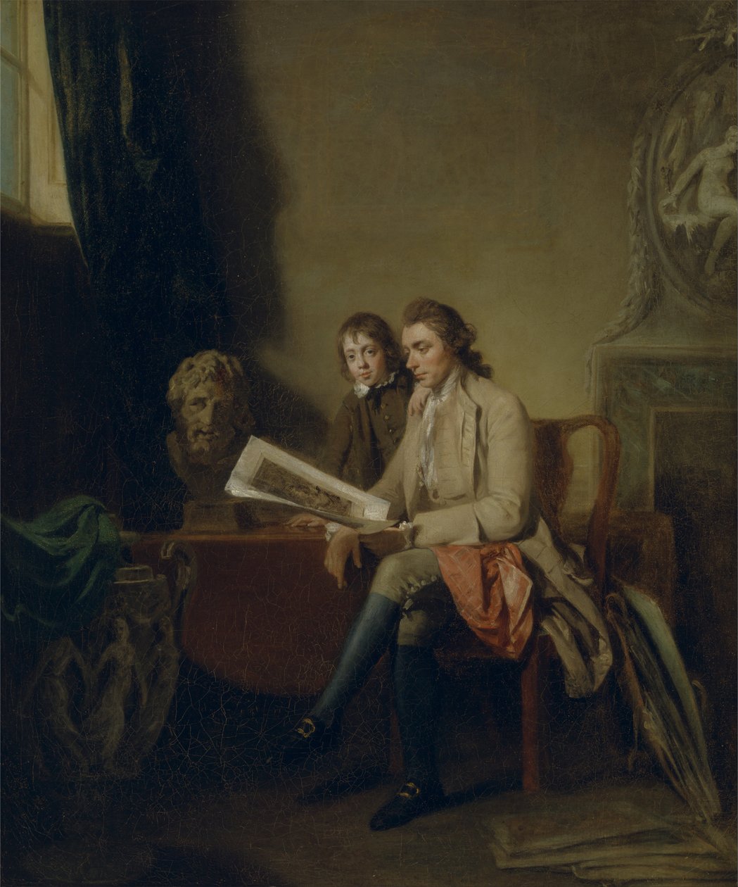 Ritratto di un uomo e un ragazzo che guardano stampe da John Hamilton Mortimer