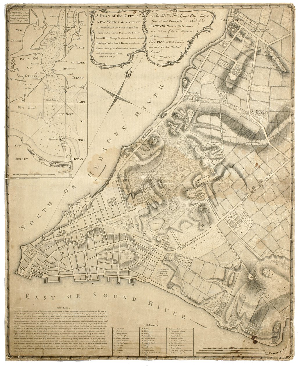 Piano della città di New York e dei suoi dintorni fino a Greenwich sul fiume North (Hudson) fino a Crown Point sul fiume East, rilevato nel 1766, 1775 da John Montresor