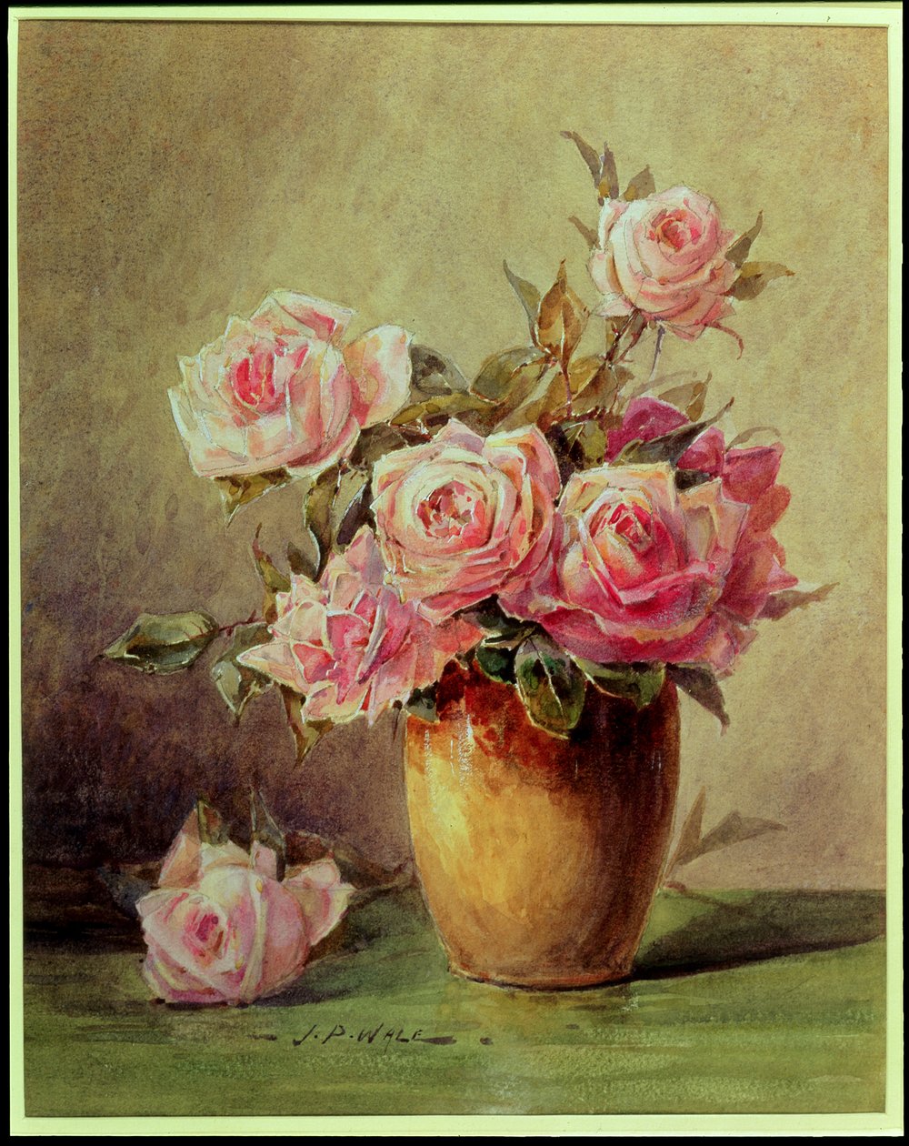 Rose rosa in un vaso giallo da John Porter Wale