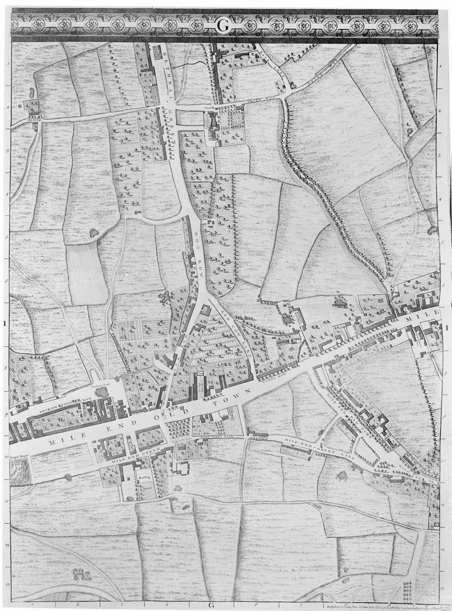 Mappa di Mile End, Londra, 1746 da John Rocque