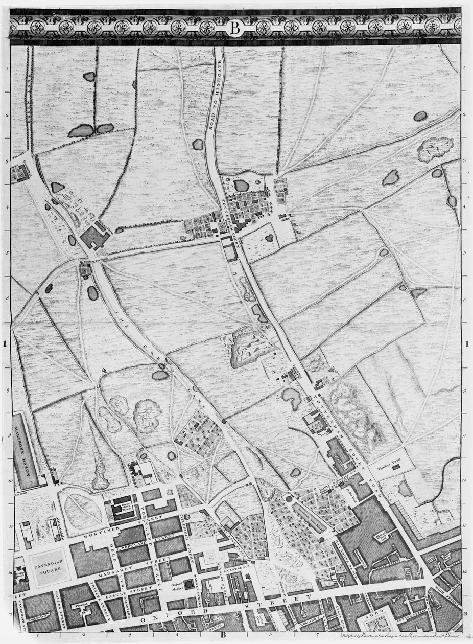 Mappa del West End e Soho, Londra, 1746 da John Rocque