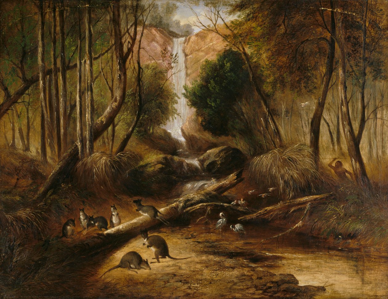 (Paesaggio di boscaglia con cascata e un aborigeno che caccia animali nativi, Nuovo Galles del Sud) da John Skinner Prout