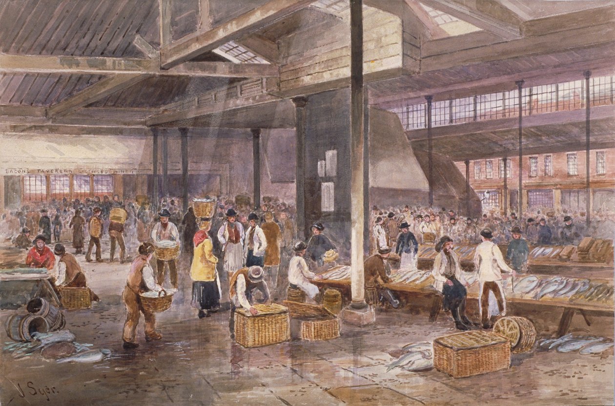Vista interna del mercato del pesce di Billingsgate, c.1849 da John Syer