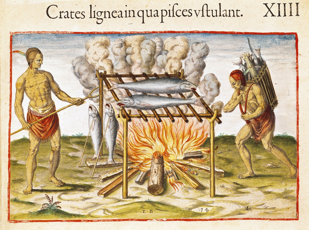Cucinare il pesce, da Admiranda Narratio..., inciso da Theodore de Bry, 1585-88 da John White