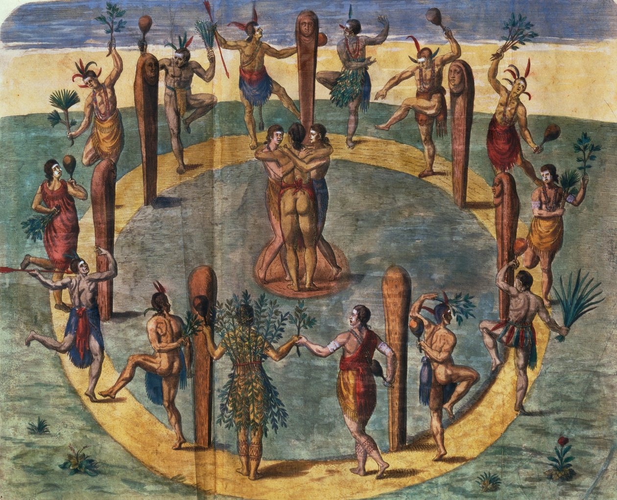 Danza rituale indiana dal villaggio di Secoton, illustrazione di un libro, c.1570-80 da John White