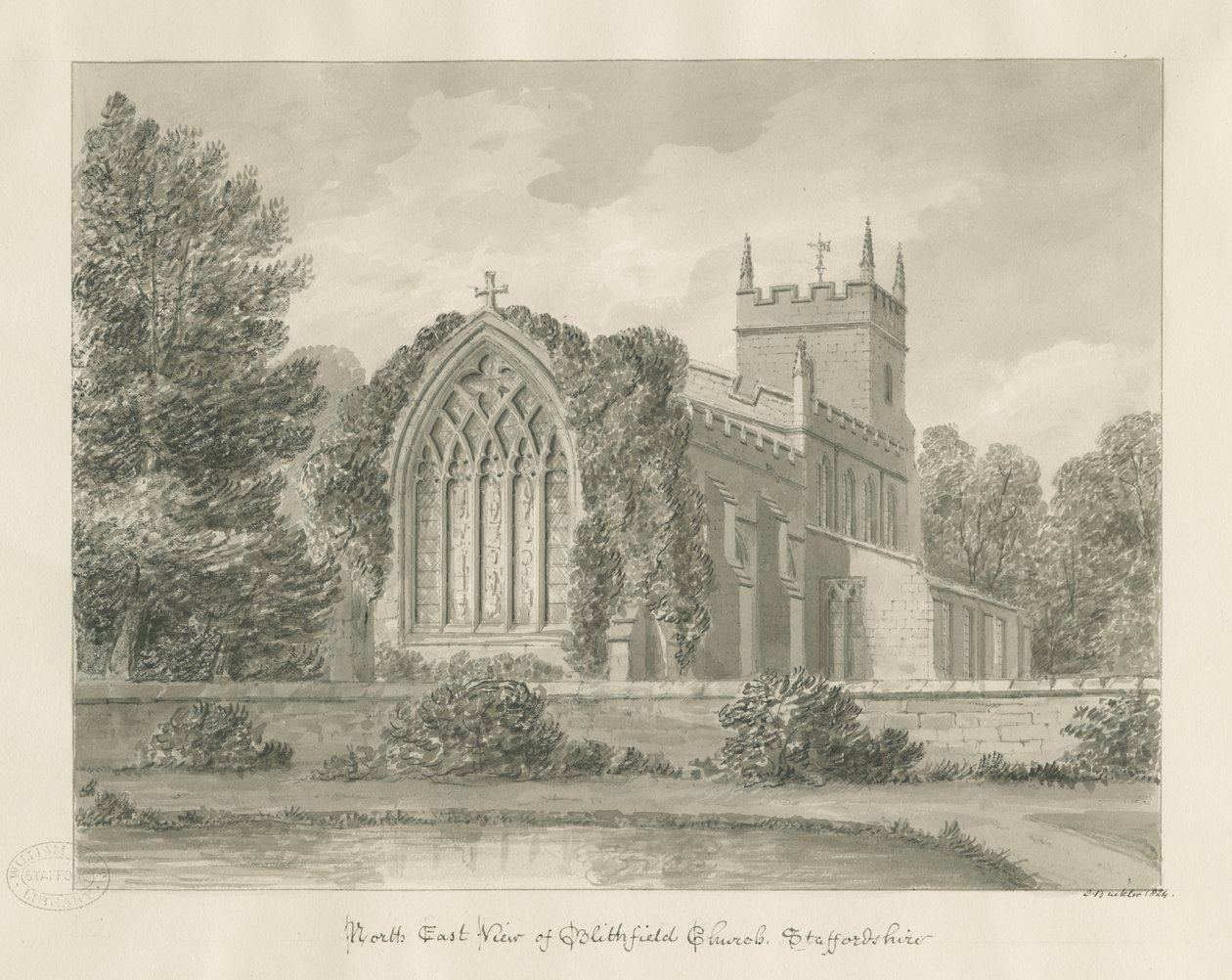 Chiesa di Blithfield: disegno a seppia da John Buckler