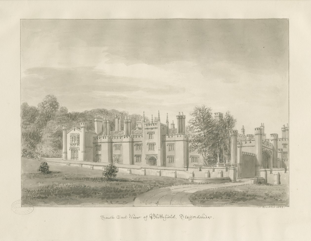 Blithfield Hall: disegno a seppia, 1823 da John Buckler