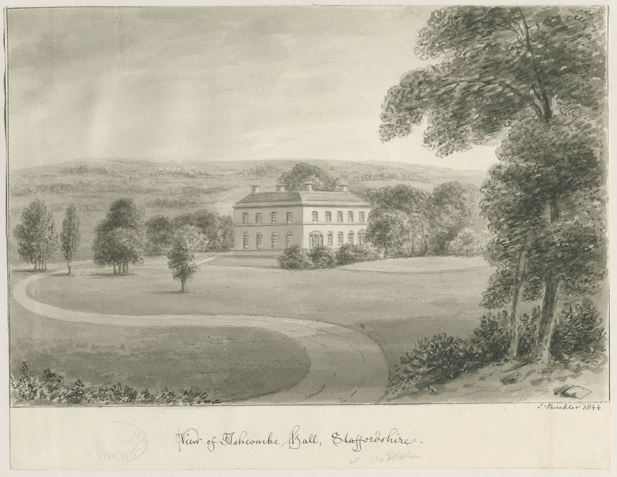 Cheddleton - Ashcombe Hall (disegno a seppia, 1844) da John Buckler