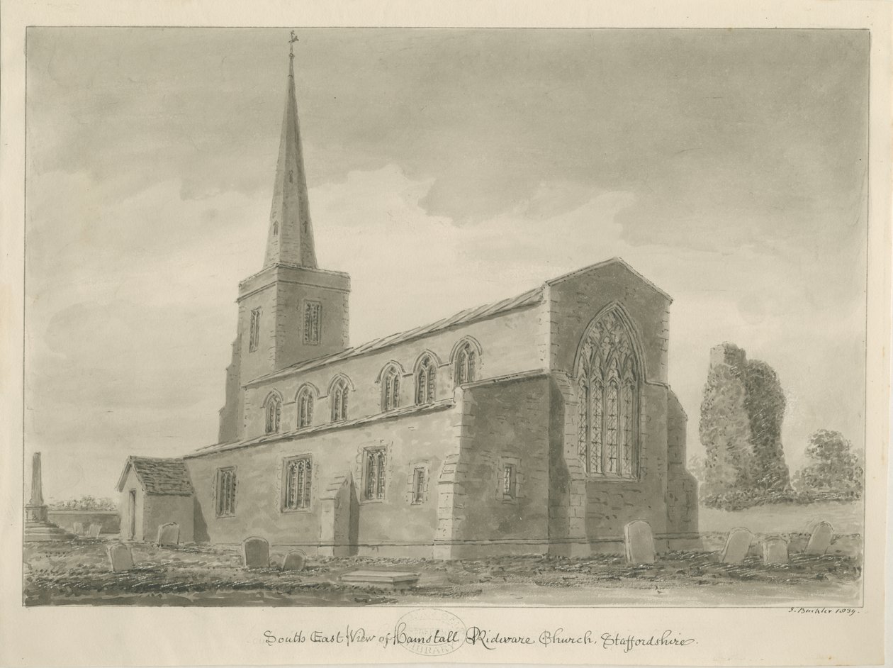 Chiesa di Hamstall Ridware: disegno a seppia da John Buckler