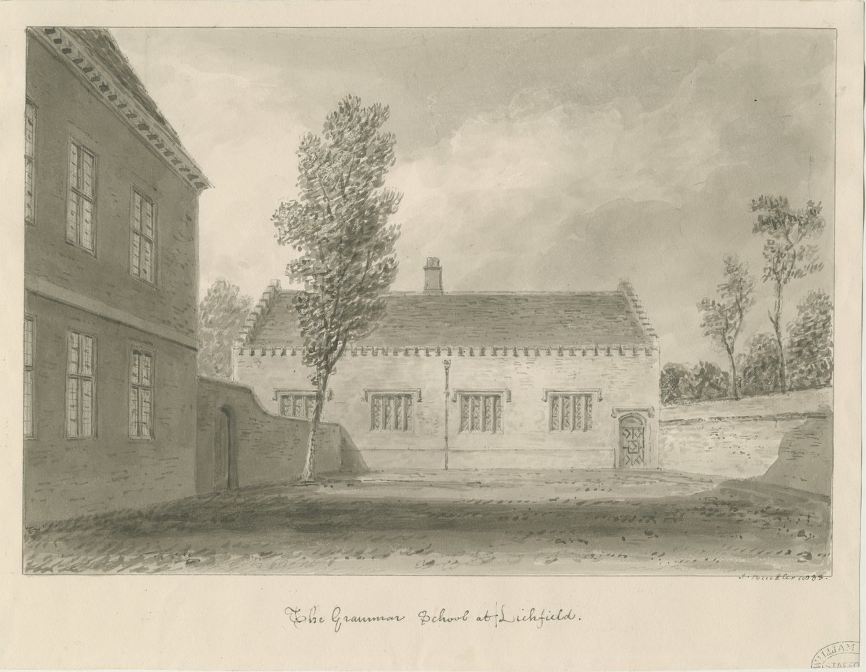 Lichfield - Scuola di Grammatica: disegno a seppia da John Buckler