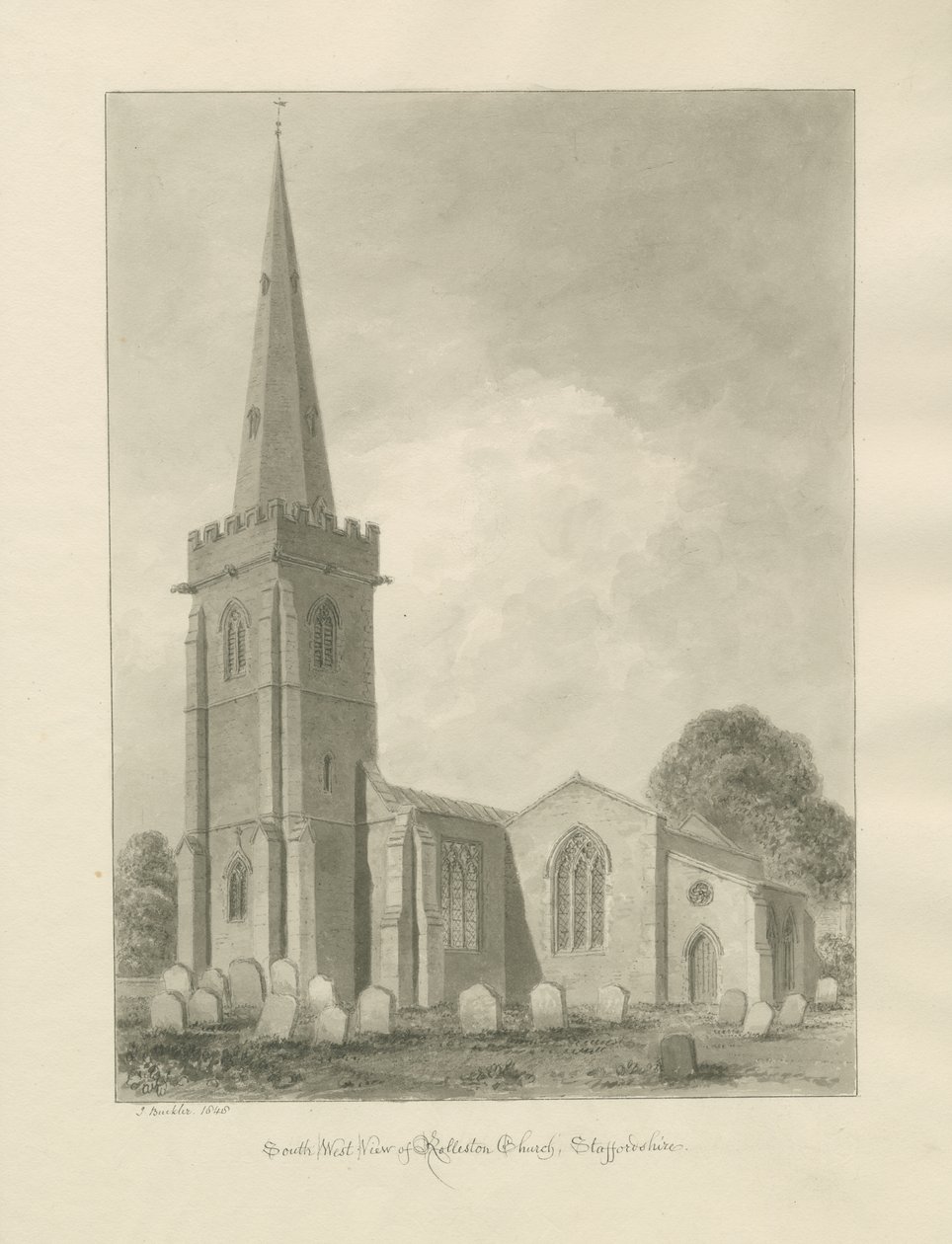 Chiesa di Rolleston: disegno a seppia da John Buckler