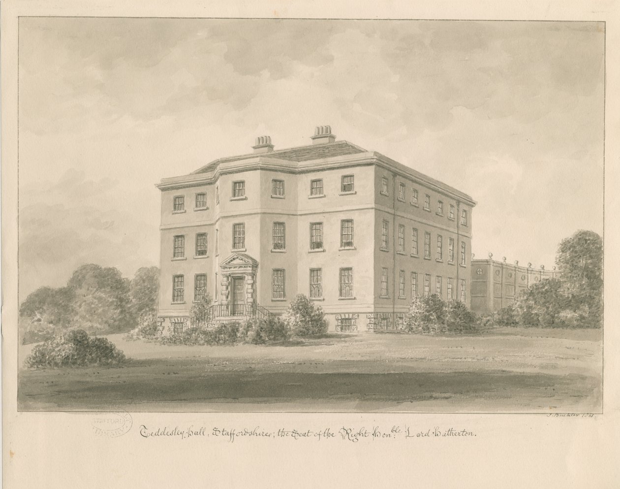 Teddesley Hall: disegno a lavaggio seppia, 1841 da John Buckler