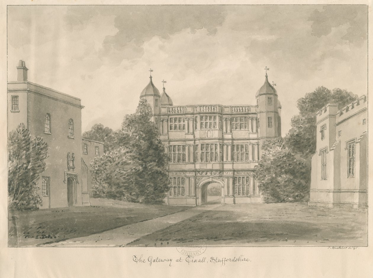 Tixall Hall e Gatehouse: disegno a seppia, 1841 da John Buckler