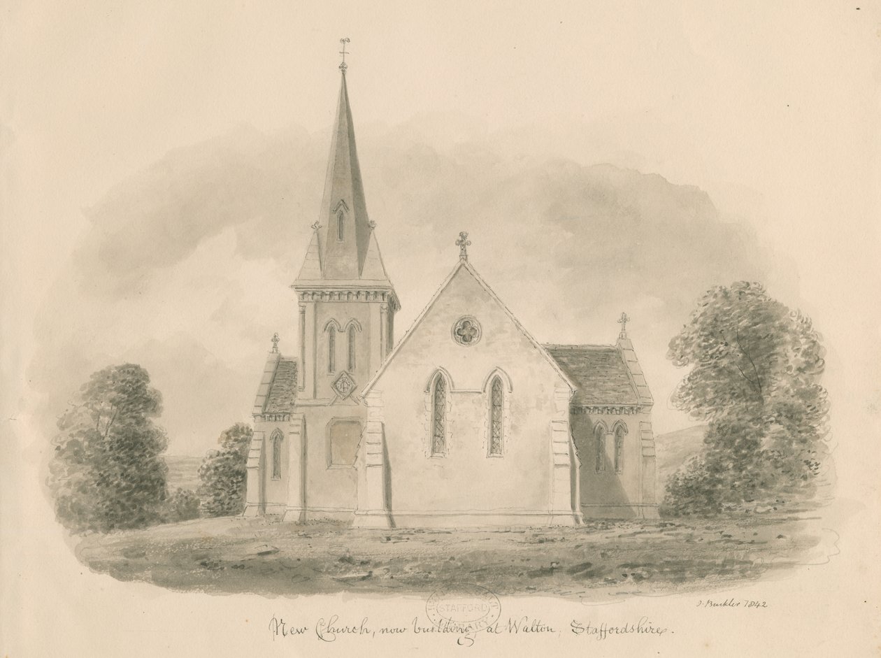 Chiesa di Walton-on-the-Hill: disegno a seppia da John Buckler