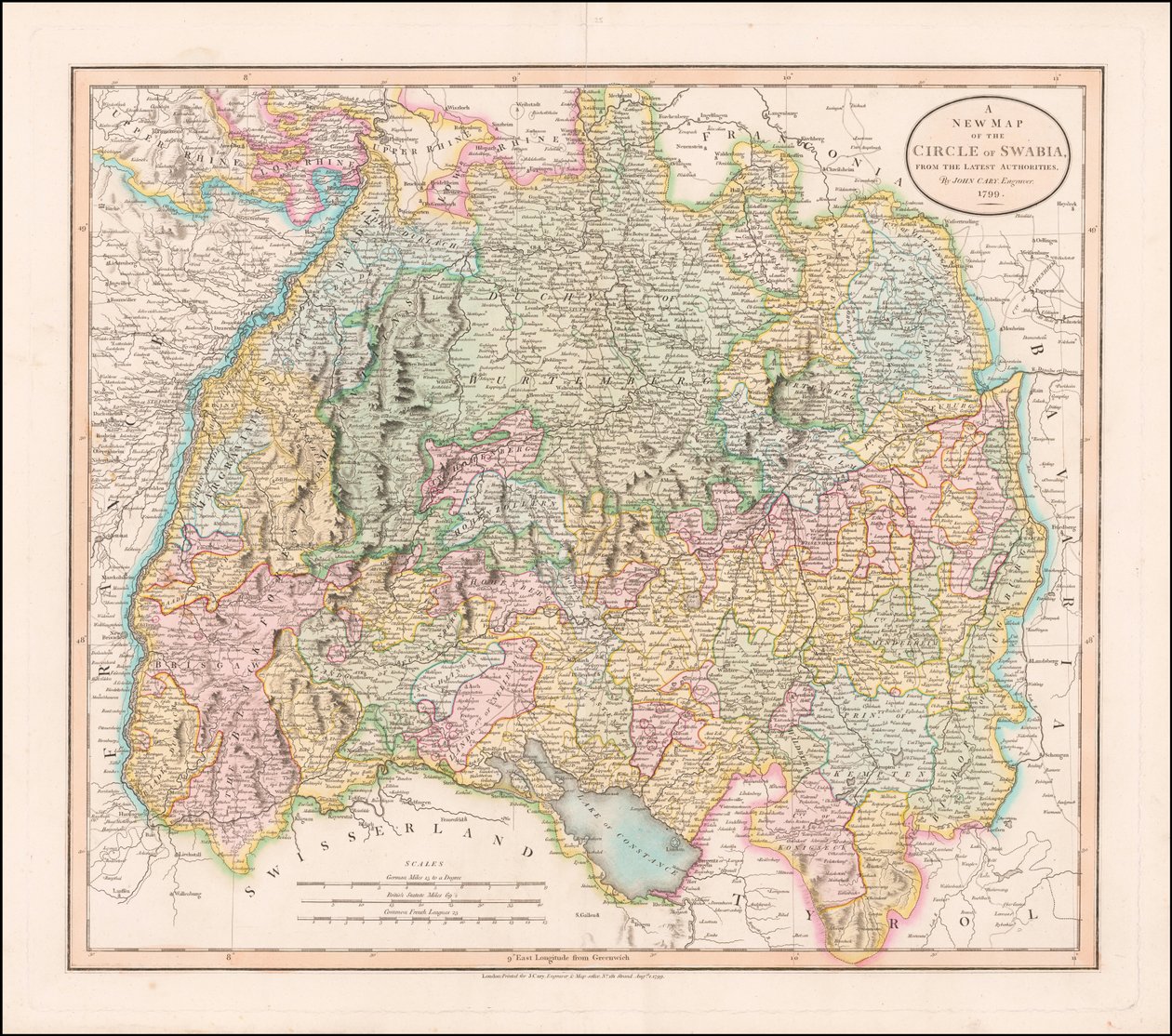 Mappa della Svevia del 1799 di John Cary da John Cary