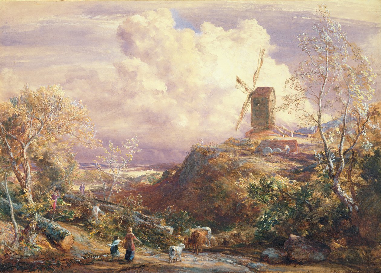 Mulino a vento su una collina con mandriani da John Constable