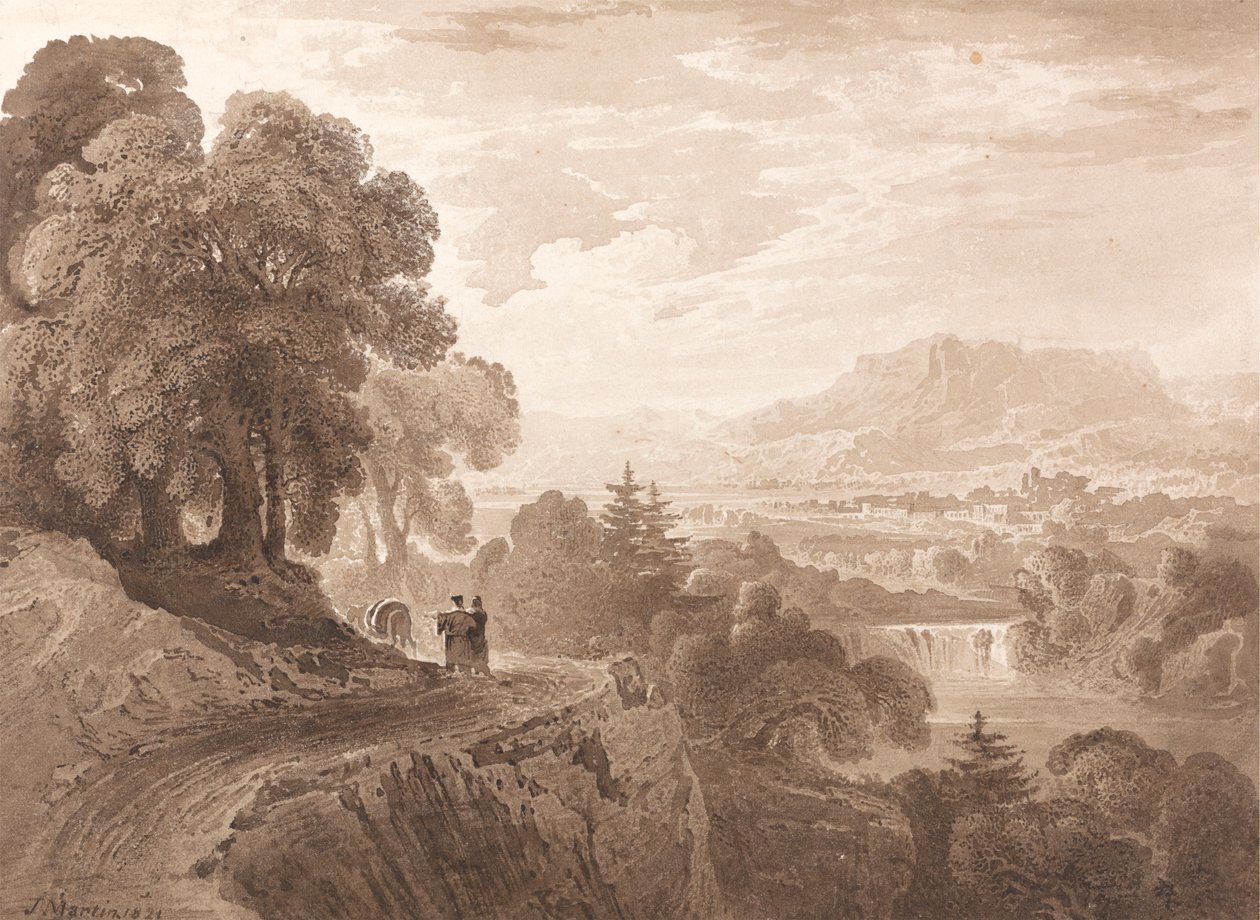 Viaggiatori su una strada sopra un fiume da John Martin